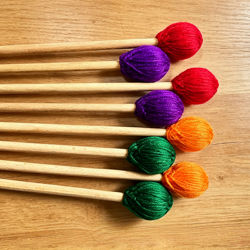 Multi-Color Intermediate Marimba Mallets, Maple Handle, Nylon Core with Wool & Acrylic Blend Wrapped Head, Xylophone Sticks