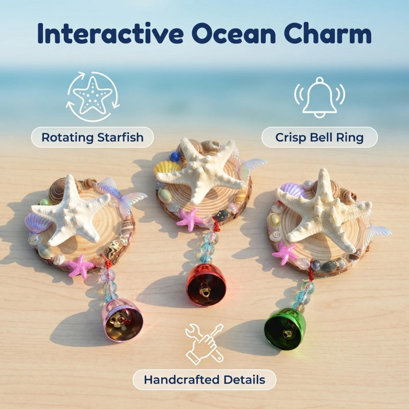 Coastal Beach Decor Magnetic Fridge Magnet with Starfish Shells and Bell, Handcrafted Ocean Themed Refrigerator Magnet for Kitchen Decor